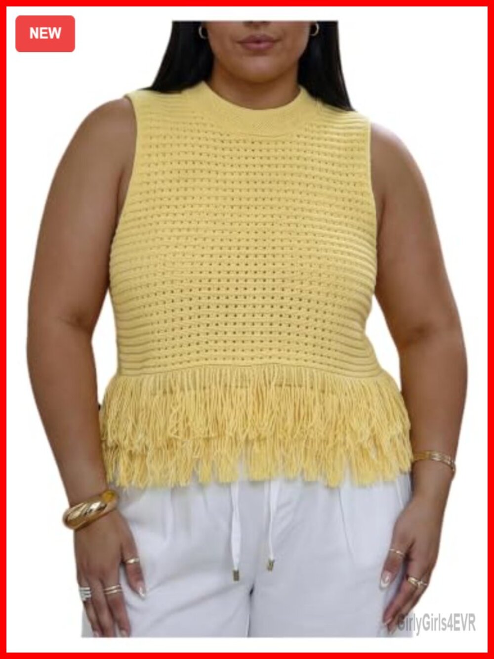 Plus Size Fringe Tank Top Hollow Out Sleeveless Knit Summer Sweater Vest